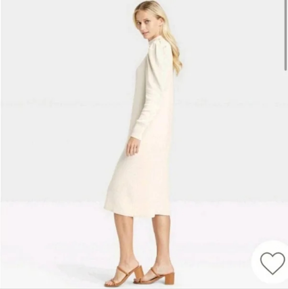 Who What Wear Birch Long Puff Sleeve Sweater Dress Size Large | Color Beige